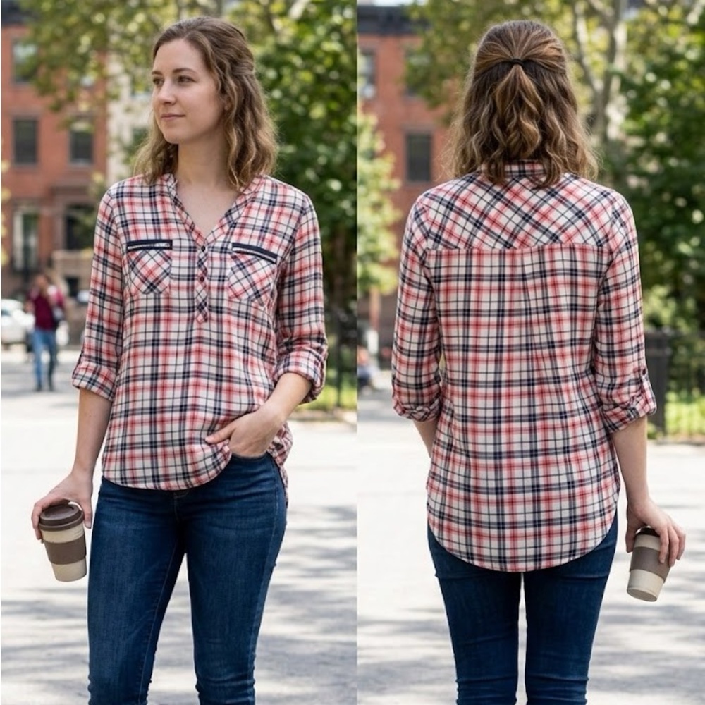 Plaid Button Henley Top in White, Red & Black